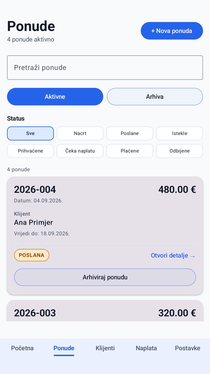 Popis ponuda s pretragom, statusima i iznosima