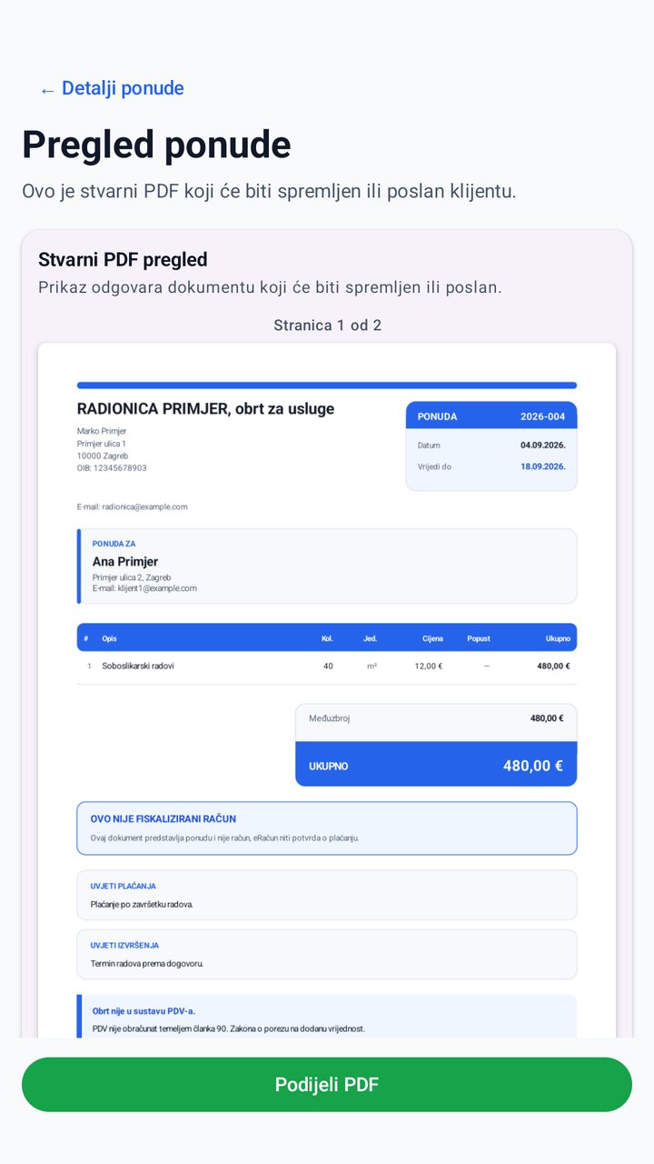Pregled PDF ponude spremne za slanje klijentu