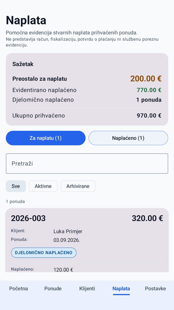 Evidencija naplate s preostalim iznosom i djelomično naplaćenom ponudom