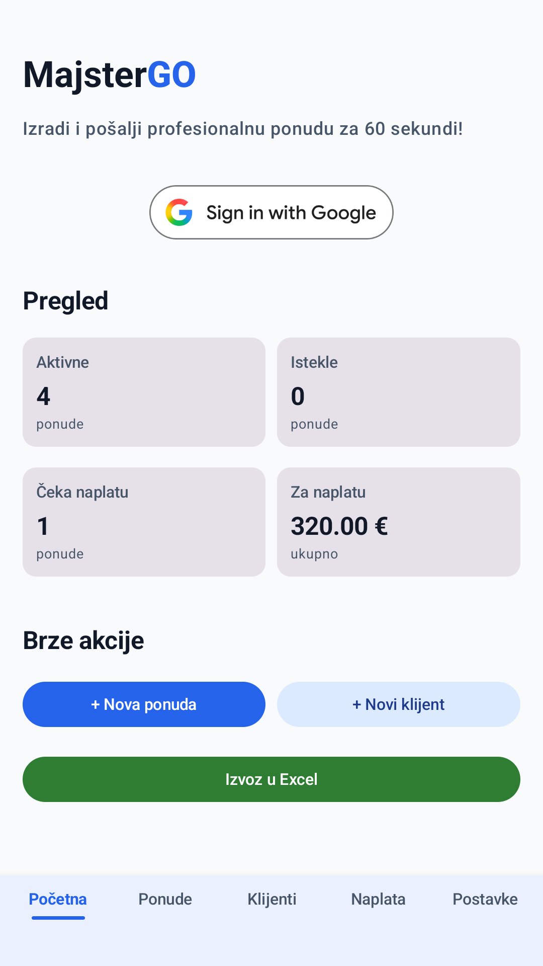Početni zaslon MajsterGO aplikacije s pregledom ponuda i brzim akcijama